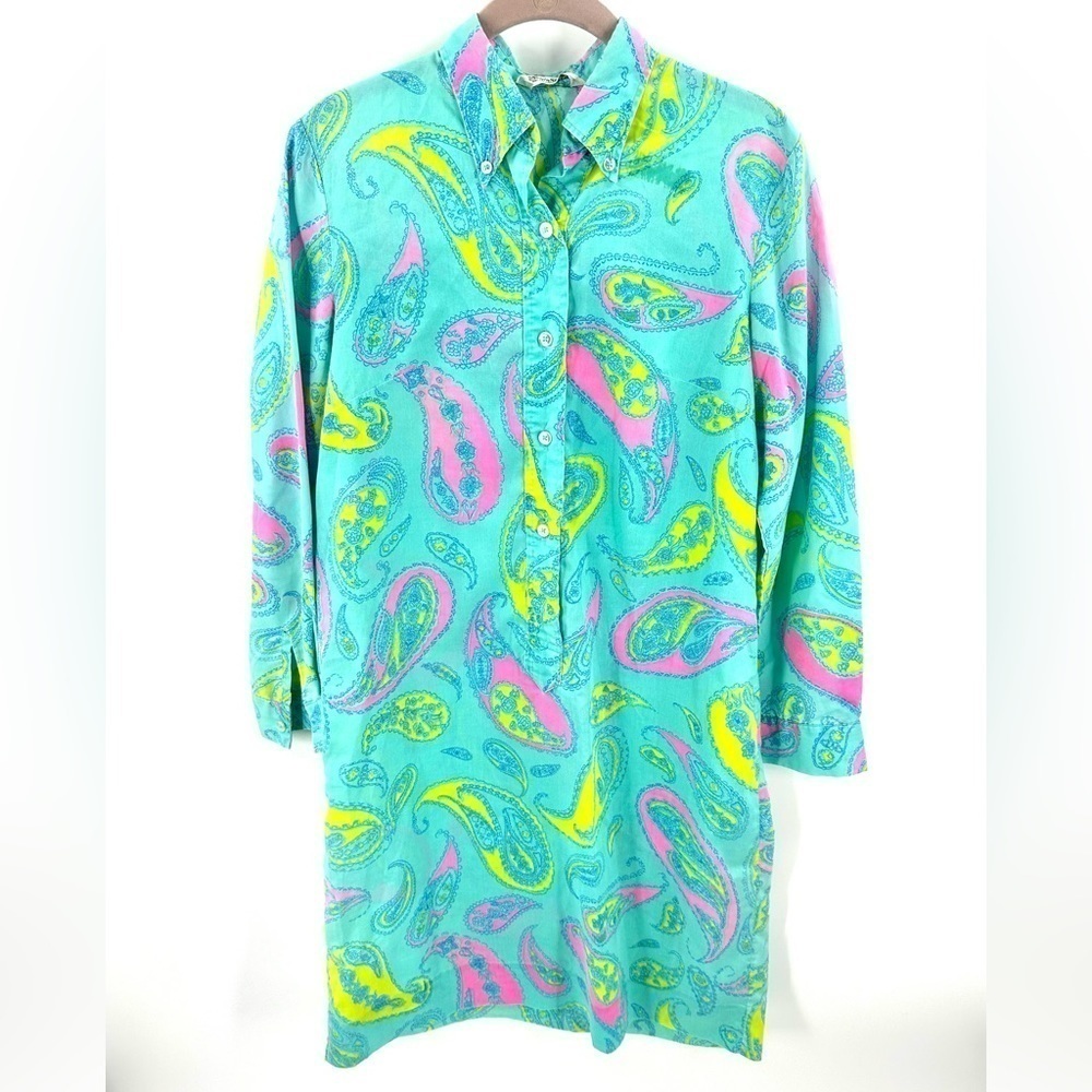 Vintage Shirt Dress Womens 14 Colorful Tropical Paisley Boho Beach Popover Artsy